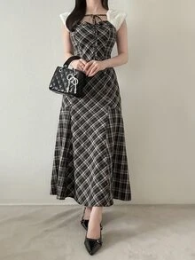 FRIFUL Women's Vacation Plaid Tie-Up Korean Style Dress - Black - View 2