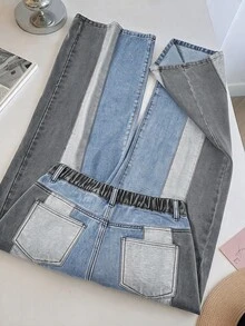 GlowEve CURVE Plus Size Women's Colorblock Pocket Loose Casual Versatile Denim Jeans - Blue - View 2