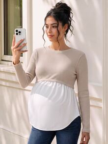Momance Maternity Top Solid Color Round Neck Long Sleeve Casual Blouse For Outings And Home Wear Autumn - Apricot - View 3