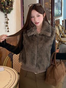 DAZY Women's Solid Color Fashion Versatile Winter Faux Fur Coat - Brown - View 9