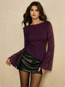 Poéselle Women's Floral Print Slim Fit Versatile Daily Wear Bell Sleeve T-Shirt - Red Violet - View 7