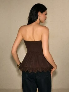Poéselle Women's Solid Color Contrast Lace Hem Elegant Strapless Top,Dark Brown Top,Party Cocktail Going Out Top,Fall Winter 2026 - Coffee Brown - View 3
