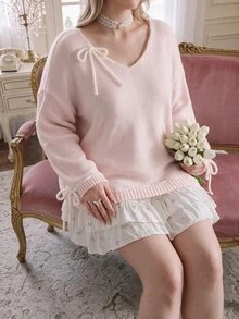Lyrianda Sweater Lengan Panjang Wanita Ukuran Besar Warna Polos Kasual Serbaguna untuk Pemakaian Sehari-hari di Musim Dingin - Berwarna merah muda - View 2