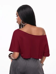 Vadaroq Women's Asymmetrical Shoulder Letter Rhinestone Casual Everyday T-Shirt - Burgundy - View 2
