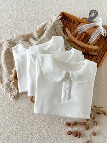 SHEIN 3件組女童幼兒T恤，清新溫柔風，彼得領半開鈕扣，奶油白泡泡長袖打底衫，適合春/秋季與開學季 - 米色 - 查看 8
