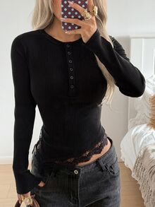 SHEIN EZwear Black Knitted Fitted Lace Trim T-Shirt - Black - View 5