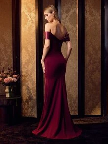MOTF Soiréza WOMEN'S ELEGANT SEXY SATIN PATCHWORK BANDEAU EVENING DRESS - Burgundy - View 3