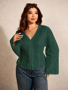 Elaquor 大尺碼女款純色對比蕾絲喇叭袖單排扣優雅襯衫，搭配寬腿牛仔褲，女式鈕扣開襟襯衫，秋季 - 墨綠色 - 查看 7