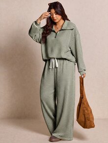 Elaquor 大尺碼女款休閒白色拉鍊外套長褲兩件套條紋套裝，適合秋季正式場合與假期 - 軍綠色 - 查看 1