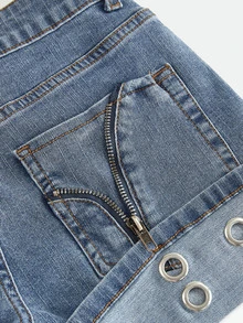 ROMWE Y2K Hot Girl Metal Eyelet Vintage Low Waist Denim Shorts For Women - Light Wash - View 5
