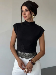 Firerie Women's Solid Color Stand Collar Lace Hem Knit Top - Black - View 3