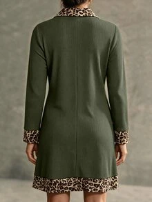 Weeklong Plus Size Ribbed Fleece Knit Mini Dress Leopard Print 2 In 1 Long Sleeve Casual Outfit - Army Green - View 2