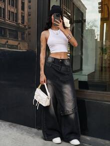 StreetHx Women's Hot Girl Hip Hop Faux Two-Piece Waist Denim Jeans - Black - View 6