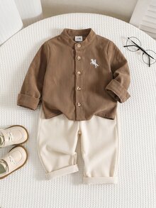 SHEIN 中性嬰兒男/女嬰 2件組秋冬休閒復古風長袖上衣與長褲套裝，嬰兒男童套裝，Squishy - 彩色 - 查看 1