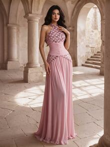 Coutiva Women's Glamorous Sequin Pleated Cinched Waist Halter Neck Formal Evening Gown - Pink - View 6