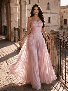 Coutiva Women's Rhinestone Embellished Pleated Waist-Cinching Slimming Elegant Strapless Evening Dress - Pink - View 4