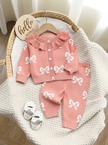 SHEIN Baby GirlSweater Set, Stylish & Cute Lace‑Collared Floral Top With Pants - Dusty Pink - View 1