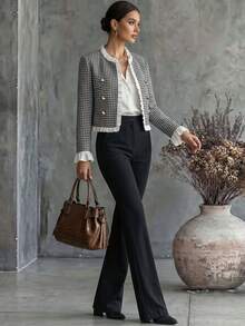 Trelyra Women's French Vintage Elegant Black & White Houndstooth Autumn New Ruffle Trim Patchwork Flared Sleeve Outerwear Jacket - Black and White - View 4