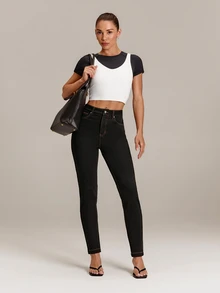 GLOWMODE Knitted Denim In My Element Slim Fit Denim Jeggings With Metallic Rivets & Multi-Pockets Daily Casual Fall Winter Wear - Black - View 6