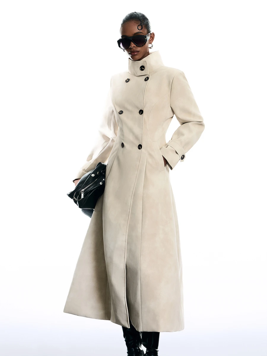 LYSMO Women's Double-Breasted Long Sleeve Trench Coat - Khaki - View 1