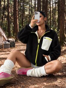 Exploreva Exploreva 女款拼色休閒日常戶外運動夾克 - 黑色 - 查看 1