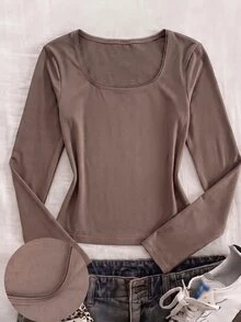 SHEIN 青少年女孩 T-Shirt，領口彈性修身款－百搭極簡長袖 T-Shirt，舒適穿著 - 卡其色 - 查看 2