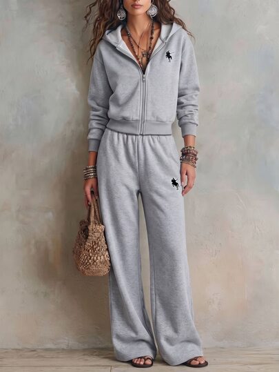 LUMIGAL Women's 2 Pieces Tracksuit, ZipUp Hooded Cropped Sweatshirt & WideLeg Pants Set, Casual Daily Outfit
