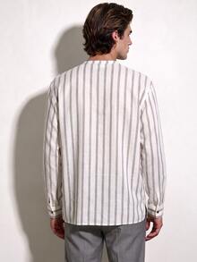 Manfinity Dauomo Men's Striped Long Sleeve Button Half Placket Casual Shirt - Beige - View 2