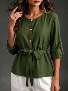 EMERY ROSE Women's Vintage Cinched Waist Casual Commute Long Sleeve Round Neck Blouse - Green - View 10