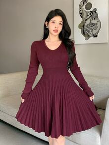 Feyla Women's Ribbed Long Sleeve Sweater Dress With Button Cropped Cardigan 2 Pieces Set - Burgundy - View 5
