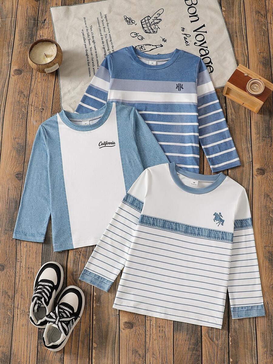 SHEIN Genkimix Kids 3件組兒童4-8歲休閒條紋與丹寧拼接長袖T恤套裝 - 藍白色 - 查看 1