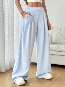 SHEIN EZwear 女款淺藍色高腰百褶寬腿長褲，夏季 - 淺藍色 - 查看 6