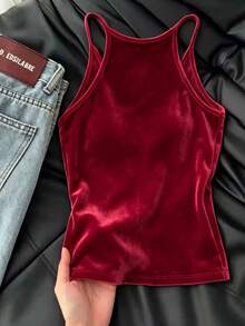 Resyla Women's V-Neck Sleeveless Velvet Faux Knit Vest - Red - View 2