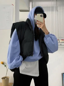 DAZY 女款純色連帽寬鬆短版運動衫 - 寶藍色 - 查看 4