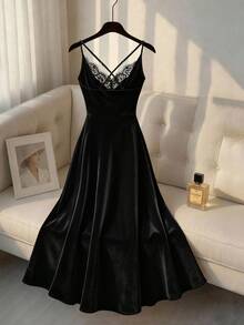 GlowEve CURVE Plus Size Women's Lace Patchwork Casual Party Spaghetti Strap Dress - Black - View 2