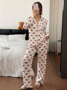 Napfluff طقم بنطلون بأكمام طويلة وياقة مطرزة وجيب بفيونكة لطيف وكاجوال - متعدد الألوان - مشاهدة 3