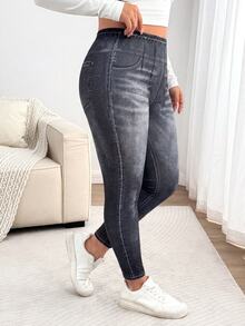 Enliva Legging Stretch Bermotif Ukuran Besar, Celana Kasual Slim Fit Pinggang Tinggi - Dark Grey - View 3