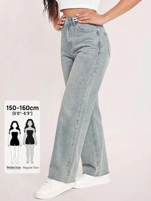 SHEIN PETITE 女款高腰口袋寬腿寬鬆休閒牛仔褲 - 藍色 - 查看 1