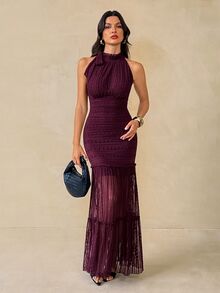 SHEIN Tall Women's Mesh Patchwork Elegant Cinched Waist Halter Neck Party Dress - Burgundy - View 3