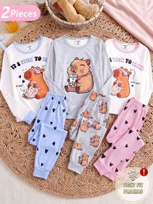 Girls Round Neck Cute Pattern Print Long Sleeve Pants Knit Loungewear 2 Pieces Set - Comfortable Soft, High Elasticity Snug Fit - Multicolor - View 1