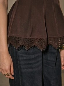 Poéselle Women's Solid Color Contrast Lace Hem Elegant Strapless Top,Dark Brown Top,Party Cocktail Going Out Top,Fall Winter 2026 - Coffee Brown - View 6