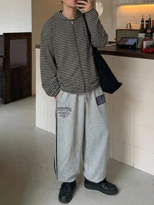 DAZY Spring/Autumn Black & Grey Striped Double Zipper Front Hooded Sweatshirt, Korean Style For Men - Multicolor - View 4