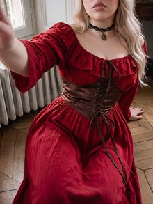 Lyrianda Plus Size Square Neck Cinched Waist A-Line Dress - Burgundy - View 7