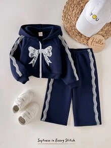 Cozy Pixies 女嬰針織純色蝴蝶結圖案連帽休閒衛衣與長褲兩件套 - 彩色 - 查看 4