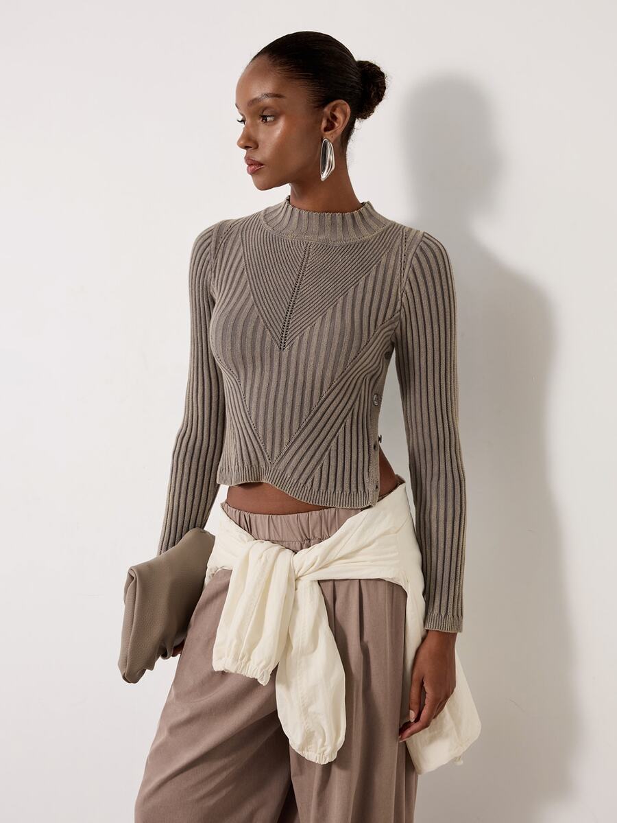 MERLEAU Women's Modern Fashion Ribbed Long Sleeve Knit Top - Grey - View 1