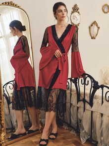 Côtesoire Mature Sexy Elegant Contrast Color Lace Patchwork Burgundy Satin Women's Robe - Burgundy - View 2
