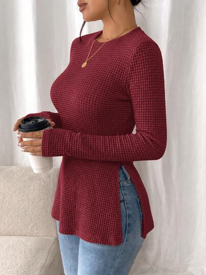 SHEIN Frenchy Kaos Rajut Waffle Polos dengan Belahan di Bagian Bawah, Warna Burgundy/Wine