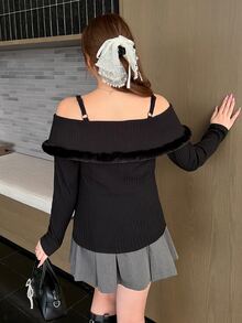 Bijouette Plus Size Women's Fuzzy Patchwork Casual Everyday Long Sleeve Top - Black - View 2