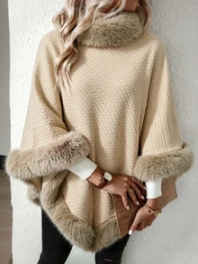 Balvessa Women's Solid Color Patchwork Faux Fur Fashion Cape Regular Coat - Khaki - View 7