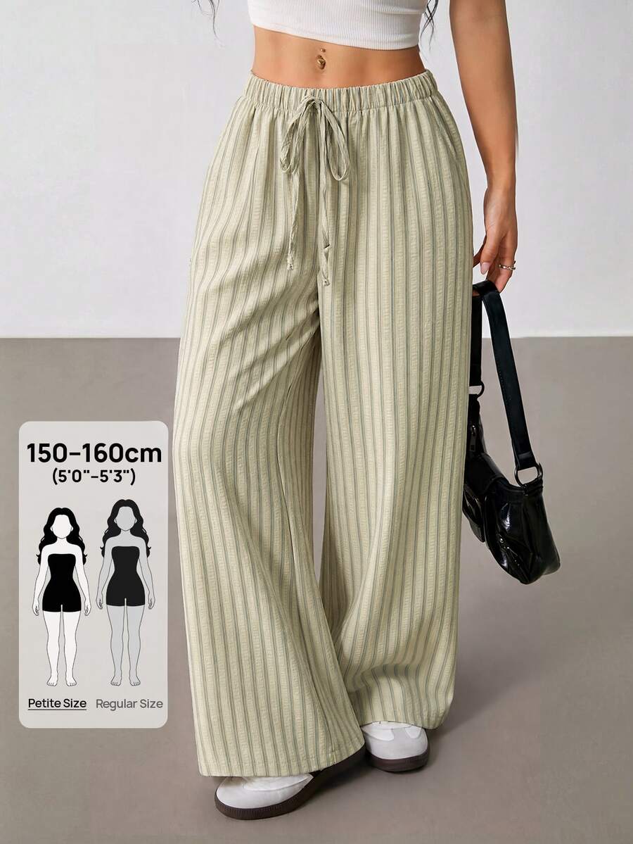 SHEIN PETITE Women's Striped Drawstring Waist Casual Daily Long Pants - Mint Green - View 1